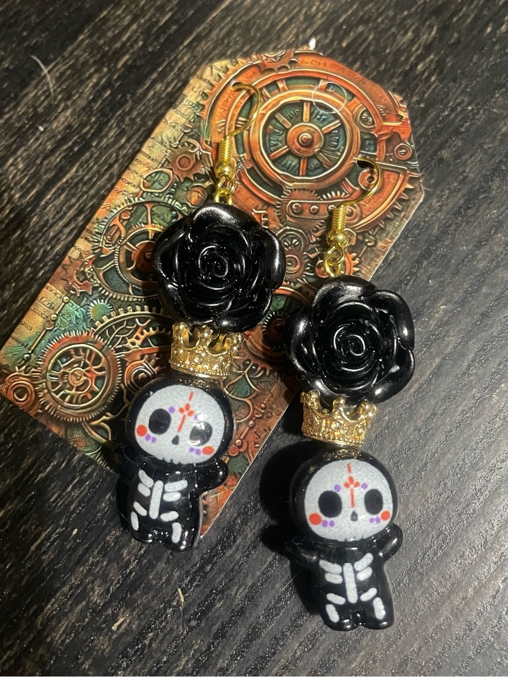 Hand Crafted Black Rose Skeleton Earrings